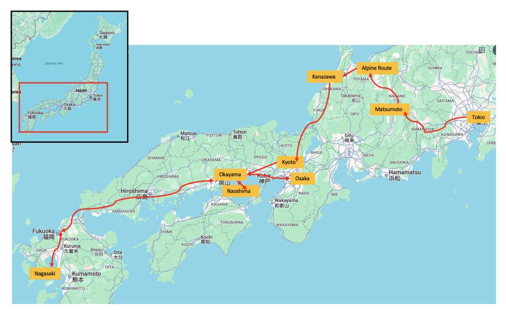 Route kaart Japan november 2026